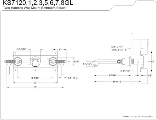 Miniatura 3 de Kingston Brass KS7122GL Grifo de baño de montaje en pared central de 8 pulgadas, latón pulido