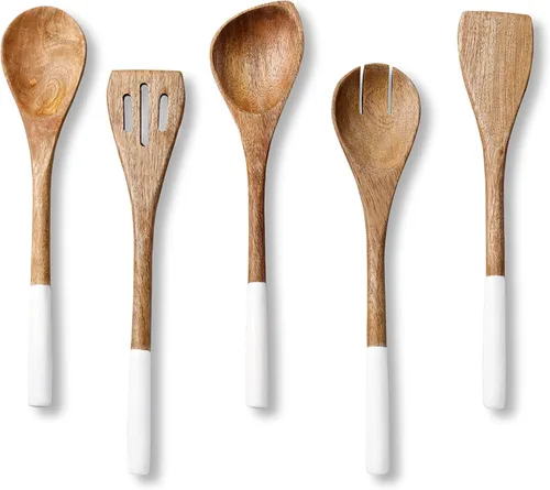 Miniatura 9 de Folkulture Cucharas de madera para cocinar, juego de 5 utensilios de madera de acacia prémium de 12 pulgadas, acabado liso, juego de utensilios