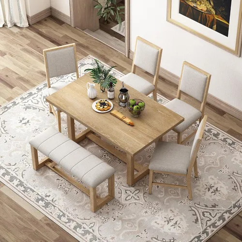 Miniatura 9 de Merax Juego de sillas de comedor de 6 piezas, mesa rectangular de madera de caucho retro con base de caballete diseñada y 4 sillas tapizadas y 1 Gris