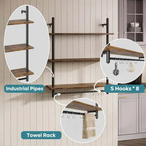 Miniatura 4 de Bestier - Estantería industrial de 3 niveles para tubos, estantes flotantes para libros para pared, estantes colgantes de almacenamiento con barra