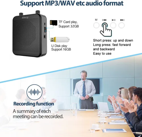 Miniatura 7 de Amplificador de voz portátil, Giecy 30W 2800mAh Bluetooth recargable amplificador de voz personal con auriculares con micrófono, altavoz de sistema
