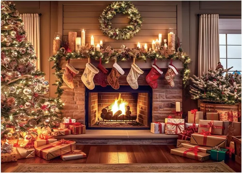 VitalCozy Telón de fondo de chimenea de Navidad, árbol de Navidad, calcetín navideño, decoración de fondo de poliéster para accesorios de estudio