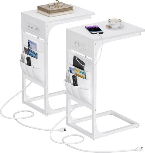 Miniatura 13 de TUTOTAK - Mesa auxiliar en forma de C, mesa lateral para sofá, mesa de sofá con bolsa de almacenamiento, bandeja para TV para sala de estar, Negro