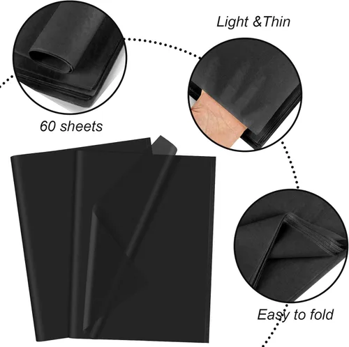 Miniatura 3 de CHRORINE Papel de seda negro - 60 hojas para Halloween, cumpleaños, vacaciones y envoltura de regalos para fiestas (20 x 14.5 pulgadas)