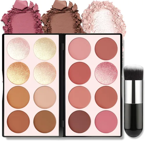 HOSAILY Paleta de maquillaje de 16 colores para iluminadores de contorno de rubor, paleta de polvo mineral mate sedoso todo en uno, iluminador