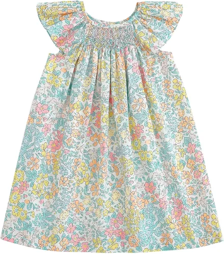 Miniatura 8 de Simplee kids Vestido casual para niñas pequeñas, vestido fruncido con estampado floral para primavera y verano de 1 a 6 años