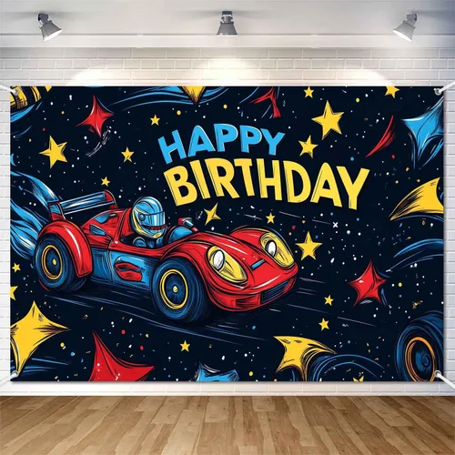 Pancarta de fondo de feliz cumpleaños con temática de autos espaciales, decoraciones de fiesta de cumpleaños para niños y niños, ruedas de carreras