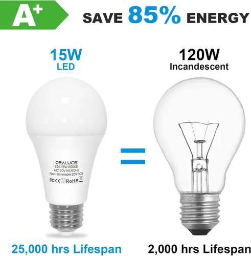 Miniatura 4 de ORALUCE Bombillas LED de 100 W, equivalente a 120 W, 15 W, 1600 lúmenes, 6500 K, luz blanca fría, base media E26, no regulable, certificación UL