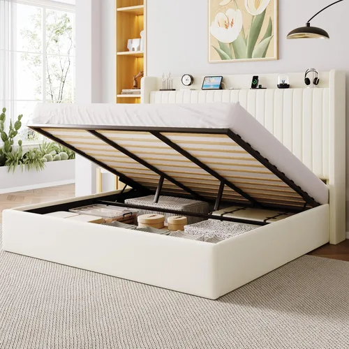 Miniatura 14 de Allewie - Marco de cama con almacenamiento abatible de tamaño completo, cabecera con estante de almacenamiento y estación de carga, puertos Type-C