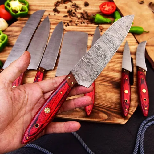 Miniatura 2 de Cuchilla de acero de damasco hecha a mano personalizada Cuchillos de cocina profesionales 8 PCS cuchillo de cocina de chef conjunto con bolsa