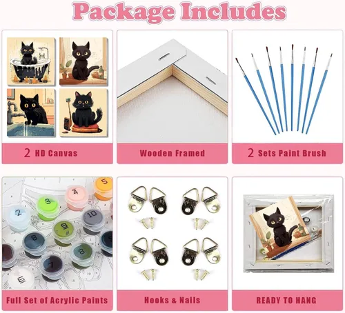 Miniatura 7 de Divertido kit de pintura por números de gato negro para adultos principiantes, paquete de 4 kits de pintura al óleo acrílica de gato negro