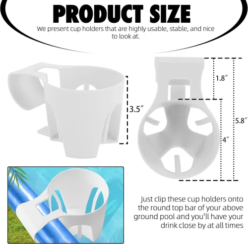 Miniatura 2 de TonGass Paquete de 6, portavasos blancos para piscinas sobre el suelo, compatibles con piscina sobre el suelo con barra superior redonda de 2