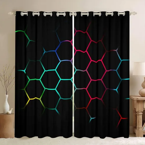 Miniatura 19 de Feelyou - Cortinas de ventana en forma de panal, tema geométrico hexagonal con luces de neón verdes, para chicos adolescentes y hombres, elegante