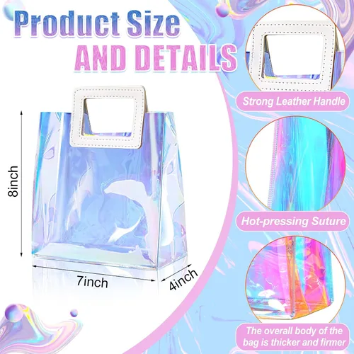 Miniatura 2 de CHENGU 10 bolsas iridiscentes, holográficas, transparentes, reutilizables, para cumpleaños, PVC, 7 x 8 x 4 pulgadas, bolsas con asa de compras, a