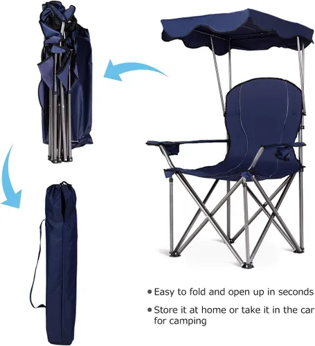 Miniatura 6 de Goplus Silla de camping con toldo plegable, con soporte para sombrilla y bolsa de transporte, silla portátil para adultos para playa, viajes al aire