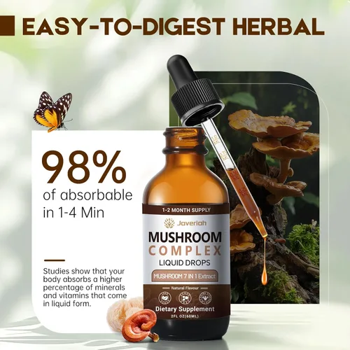 Miniatura 5 de Suplemento de gotas líquidas complejo de hongos – melena de león, shiitake, trompeta rey, cola de pavo, reishi, cordyceps y chaga, tintura vegana 7