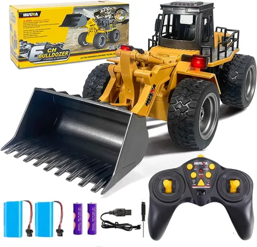 Camión de juguete Bulldozer a control remoto, escala 1/18 RC Metal Rc Cargador frontal 4WD Vehículos de construcción para niños y niñas con dos