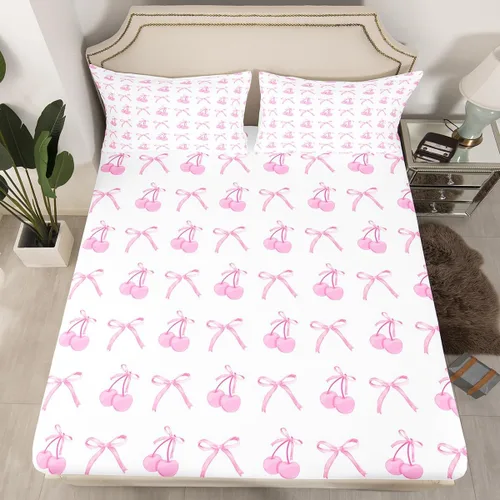 Miniatura 29 de Sábana bajera con lazo azul tamaño individual, juego de ropa de cama de princesa con cerezas, estrellas y flores margaritas de dibujos animados