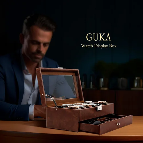 Miniatura 3 de GUKA Caja de reloj, caja de reloj con 12 ranuras, fundas de reloj para hombres con tapa de cristal real, organizador de reloj de cuero sintético
