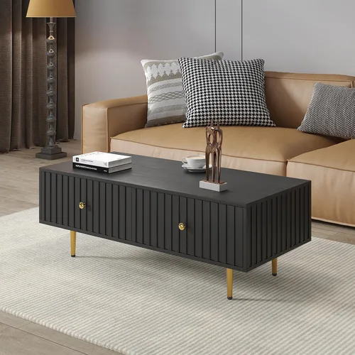 Miniatura 8 de HedoAjim Mesa de centro moderna con almacenamiento con 2 cajones grandes, mesa auxiliar rectangular negra para sala de estar, mesa de té acanalada