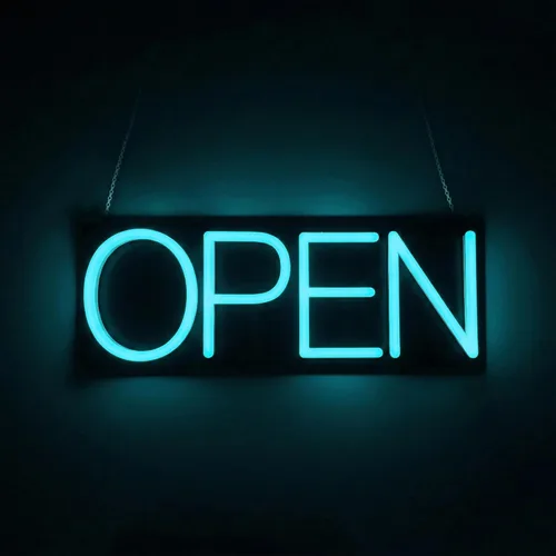 HiNeon Letrero de Neón Abierto Azul Hielo de 20inx7in Letrero LED Abierto con Control Remoto, Letrero de Luz Cian Eléctrica para Tienda de Negocios,
