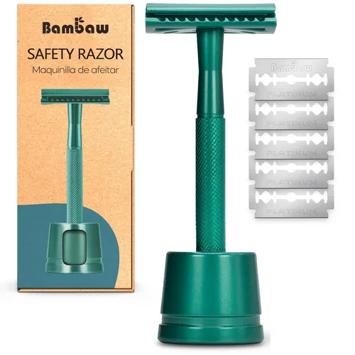 Miniatura 15 de Bambaw Maquinilla de Afeitar de Seguridad de Doble Filo para Hombres con Soporte, Maquinilla de Afeitar de Metal Reutilizable con 5 Cuchillas