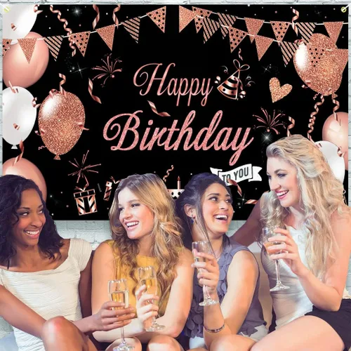 Miniatura 6 de Cartel de feliz cumpleaños negro y oro rosa, decoración de fondo de feliz cumpleaños para mujeres y niñas