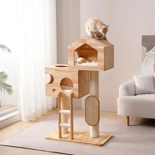 Miniatura 3 de SHENGOCASE Moderno castillo grande de madera maciza de goma maciza para gatos con cama grande cerrada, condominio, poste rascador y rascador