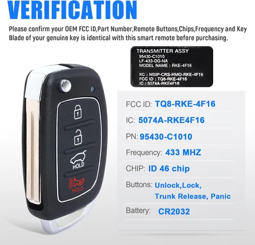 Miniatura 3 de Keymall Reemplazo de llavero remoto de entrada sin llave para Hyundai Sonata 2014 2015 2016 2017 433MHz 4 botones