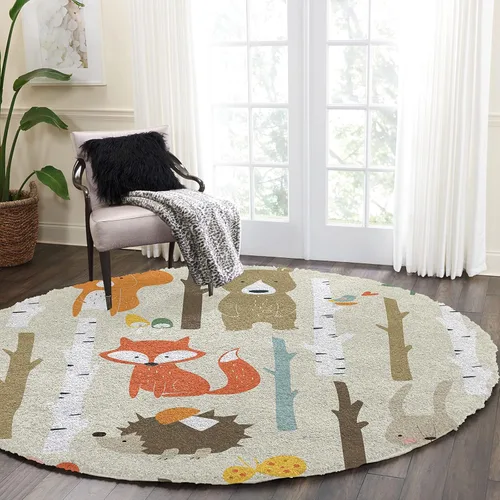 Miniatura 4 de Alfombra de área de 5 pies para interior, redonda, diseño de dibujos animados, conejo, oso, zorro, bosque, alfombra lanuda para niños, habitación