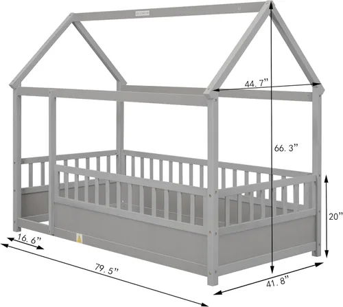 Miniatura 2 de Bellemave Montessori - Cama de tamaño individual con barandillas para vallas, cama de madera con rieles, marco de cama de casa de juegos para niños
