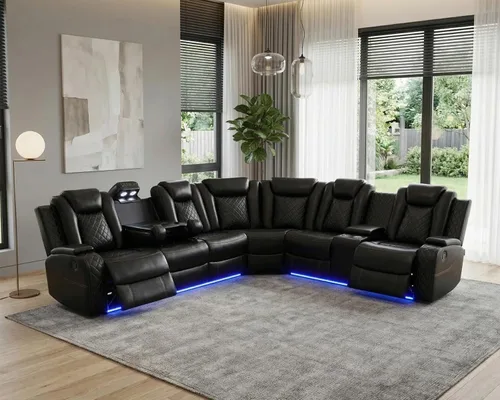 Miniatura 13 de Breathing Leather Sectional Sofa with Dual Power Recliner, 6 Seater L Shaped Reclining Couch for Living Room, Sectional Couch with Reading Lamp/USB
