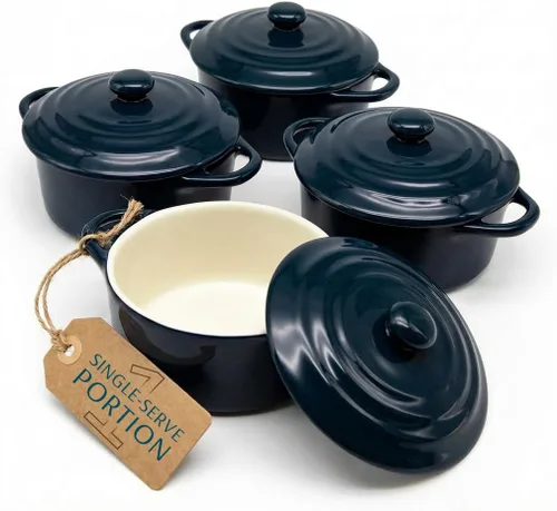 Miniatura 11 de Kook Juego de mini cocotte de cerámica, cacerolas pequeñas con tapas y asas, moldes individuales para hornear, aptos para horno, microondas