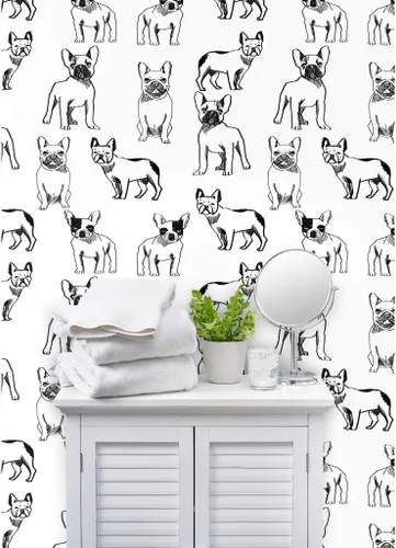 Miniatura 8 de Papel tapiz de grado comercial Swatch – Bulldog francés Negro Blanco Perros Frenchie Monocromo Lindo Cachorro Tradicional Papel pintado por