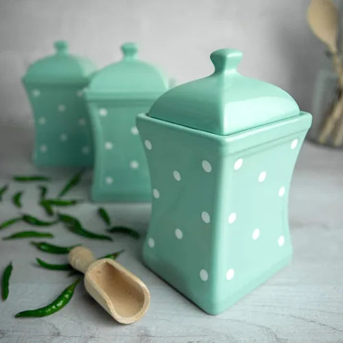 City to Cottage Juego de 3 tarros de cerámica para cocina, color verde azulado y blanco, hecho a mano, 31.5 onzas, tamaño grande