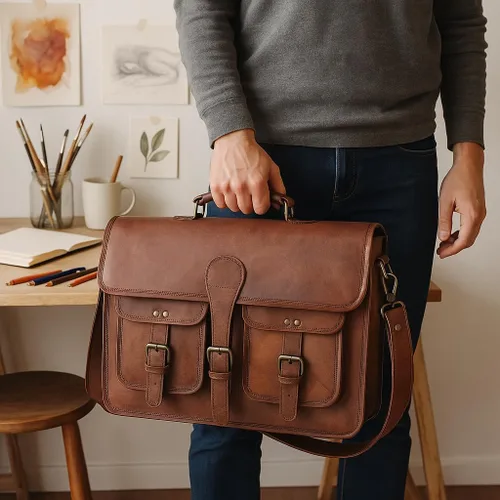 Miniatura 7 de Bolsa de mensajero de cuero para hombres y mujeres de 18 pulgadas, maletín grande vintage, bolso de hombro para laptop, bolsa bandolera unisex