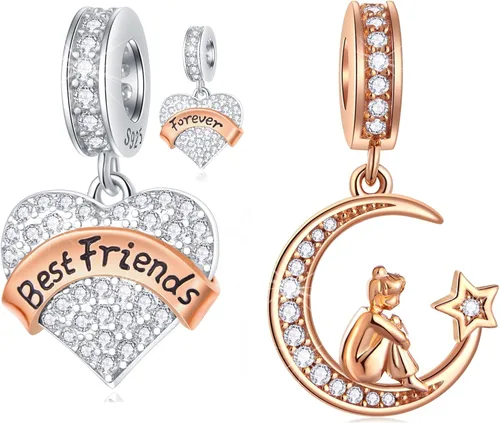 Forever Friends - Juego de dijes para pulseras Pandora, oro rosa para niña sentada en la media luna y mejores amigos, juego de joyas en plata de ley
