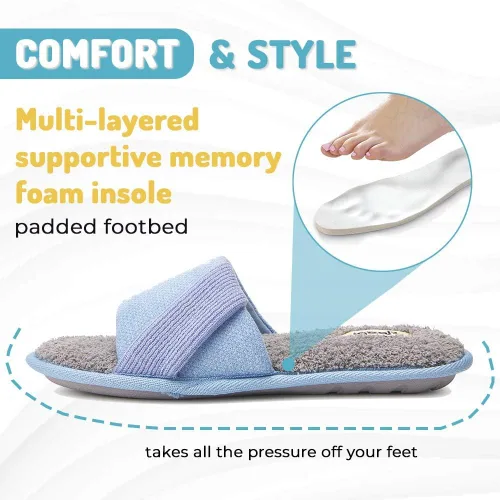 Miniatura 3 de Floopi Pantuflas de verano suaves con punta abierta para mujer con espuma viscoelástica, correa de punto acento, plantilla de rizo suave, suela