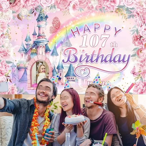 Miniatura 6 de Cartel personalizado de decoración de cumpleaños número 107 con temática de castillo y princesa, pancarta de tela personalizada para suministros