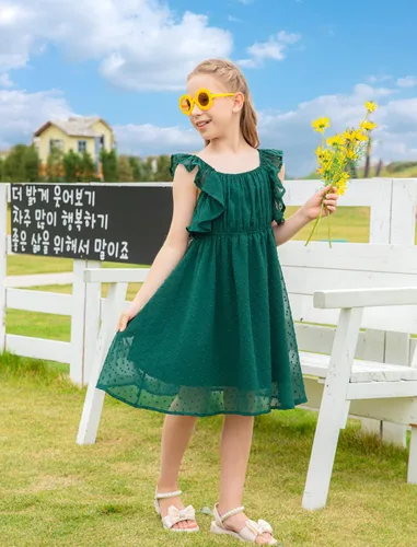 Miniatura 4 de EISHOPEER Vestidos para niñas de 5 a 13 años con mangas con volantes y lunares suizos, estilo casual, acampanado, vestido de fiesta estilo patinadora