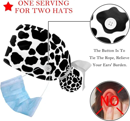 Miniatura 3 de DHH166 2 paquetes de gorras de trabajo con botones, banda para el sudor, gorras quirúrgicas ajustables para mujer, estampado de vaca impresa, Multi