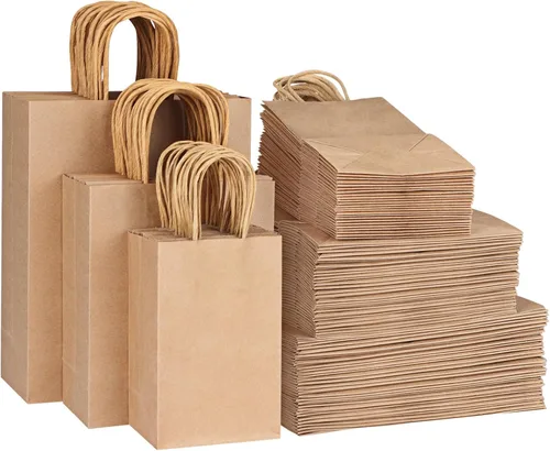 Moretoes 150 bolsas de papel marrón (8/10/12.6 pulgadas), 50 bolsas de regalo de papel kraft con asas a granel, varios tamaños para pequeñas