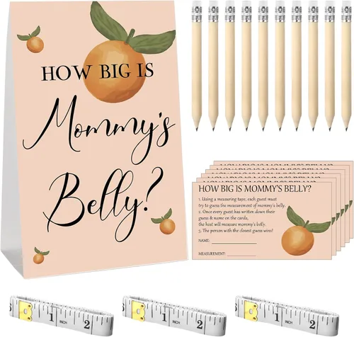 Miniatura 8 de Sabary 64 Piezas Juegos de Baby Shower Incluyen Letrero How Big is Mommy's Belly Sign Measure Bump Game 50 Tarjetas 10 Lápices 3 Cintas Métricas