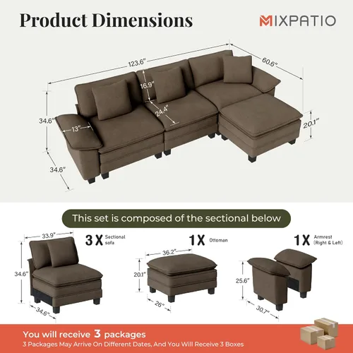 Miniatura 2 de MIXPATIO Sofá modular en forma de L de 123 pulgadas con cojines de nube, juego de sofá modular de asiento profundo con 4 asientos y 1 otomana, Gris