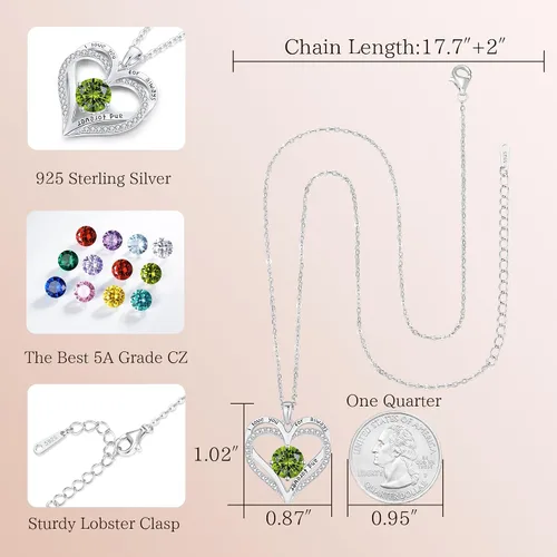 Miniatura 143 de LOUISA SECRET Love Heart Birthstone Necklaces for Women, Birthday Gift for Women, Anniversary Jewelry for Wife Her, 925 Sterling Silver Pendant