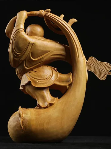 Miniatura 6 de Estatua de Buda Maitreya Maitreya tallada a mano de boj natural (ventilador de bolsa de tela)
