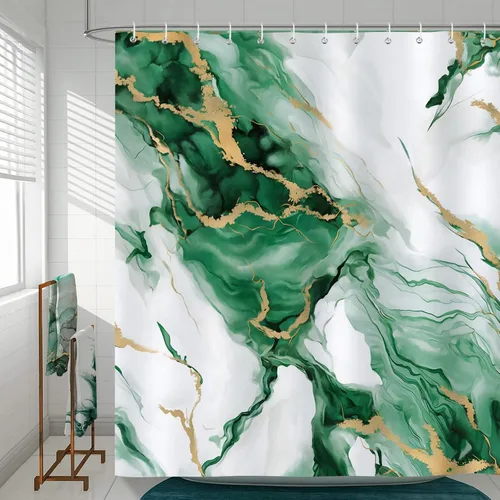 Miniatura 2 de Bonhause Cortina de ducha de mármol verde esmeralda, cortina de baño de arte abstracto moderno, 72 x 72 pulgadas, tela de poliéster impermeable