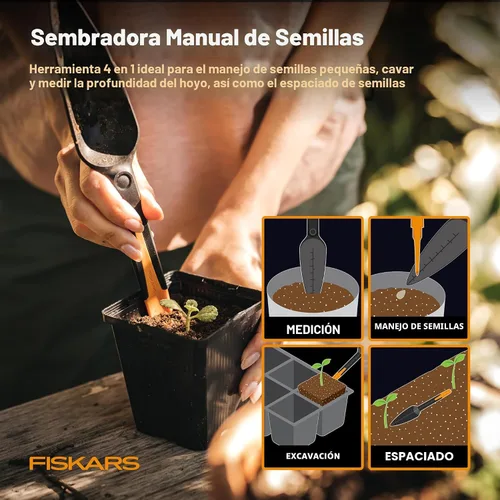 Miniatura 5 de Fiskars Juego de herramientas de jardín de verduras con tijeras de verduras, sembrador de semillas, paleta, cultivador, desbrozadora y guantes