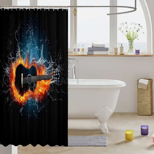 Miniatura 3 de Erosebridal Cortina de ducha de guitarra eléctrica 3D de 72 pulgadas de ancho x 78 pulgadas de largo, cortina de baño con llama, cortina de baño