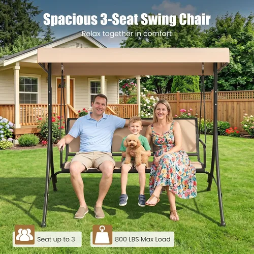 Miniatura 3 de Tangkula 3 Person Porch Swing, Patio Swing with Adjustable Canopy, Heavy-Duty Frame, Breathable Fabric, Outdoor Swing for Porch, Garden, Backyard